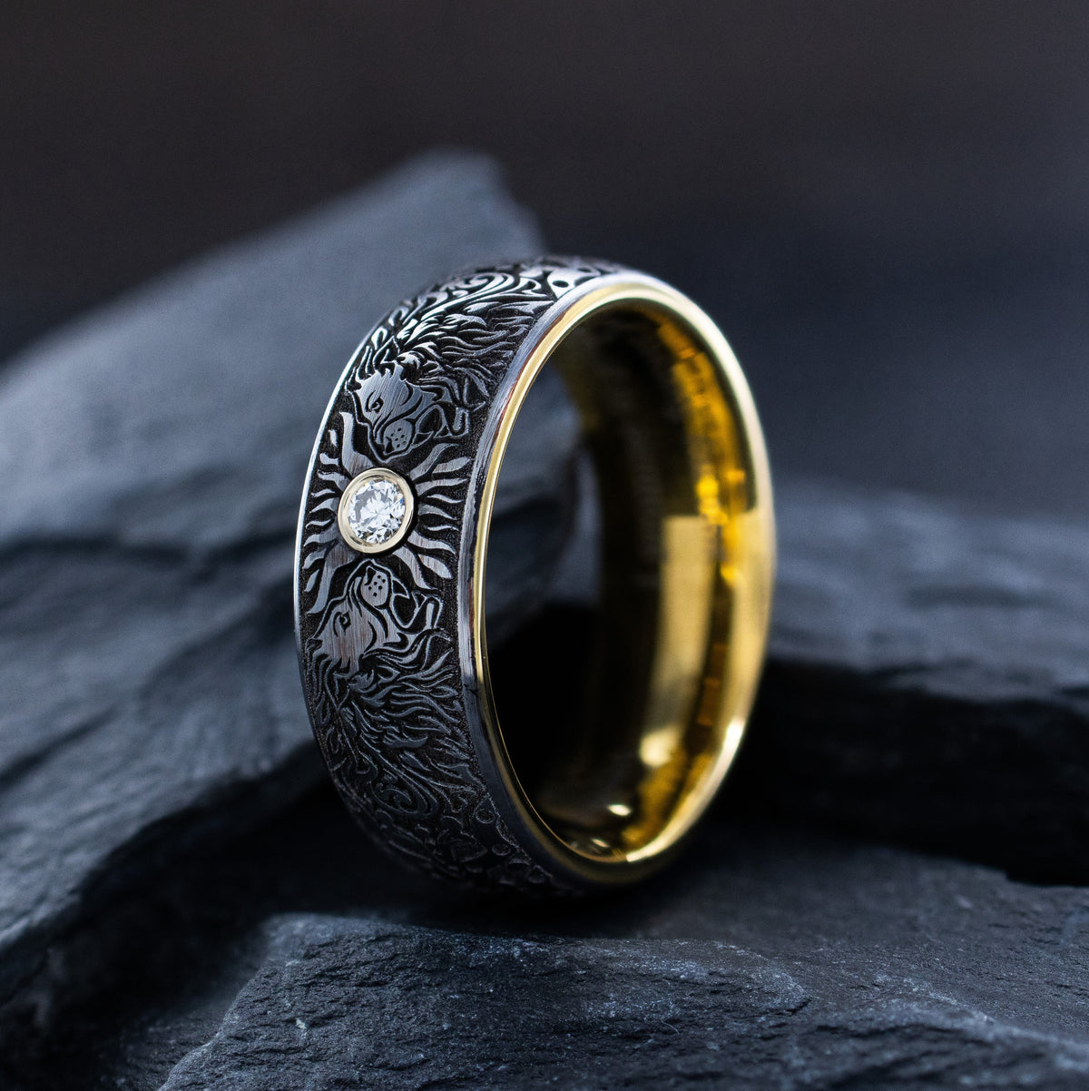 8mm Custom Made Tungsten Ring with Gold Plated Interior, Engraved Lions Heads and Center Diamond