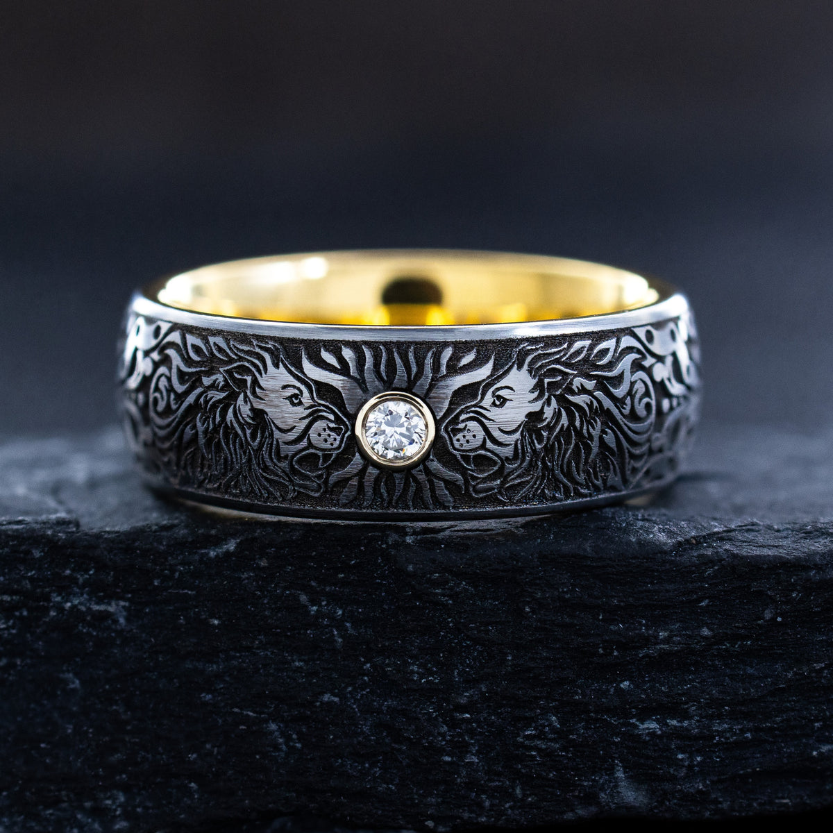 8mm Custom Made Tungsten Ring with Gold Plated Interior, Engraved Lions Heads and Center Diamond