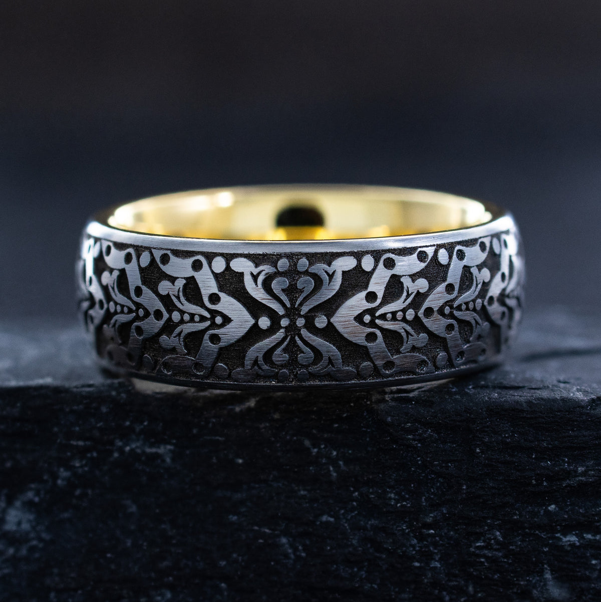 8mm Custom Made Tungsten Ring with Gold Plated Interior, Engraved Lions Heads and Center Diamond