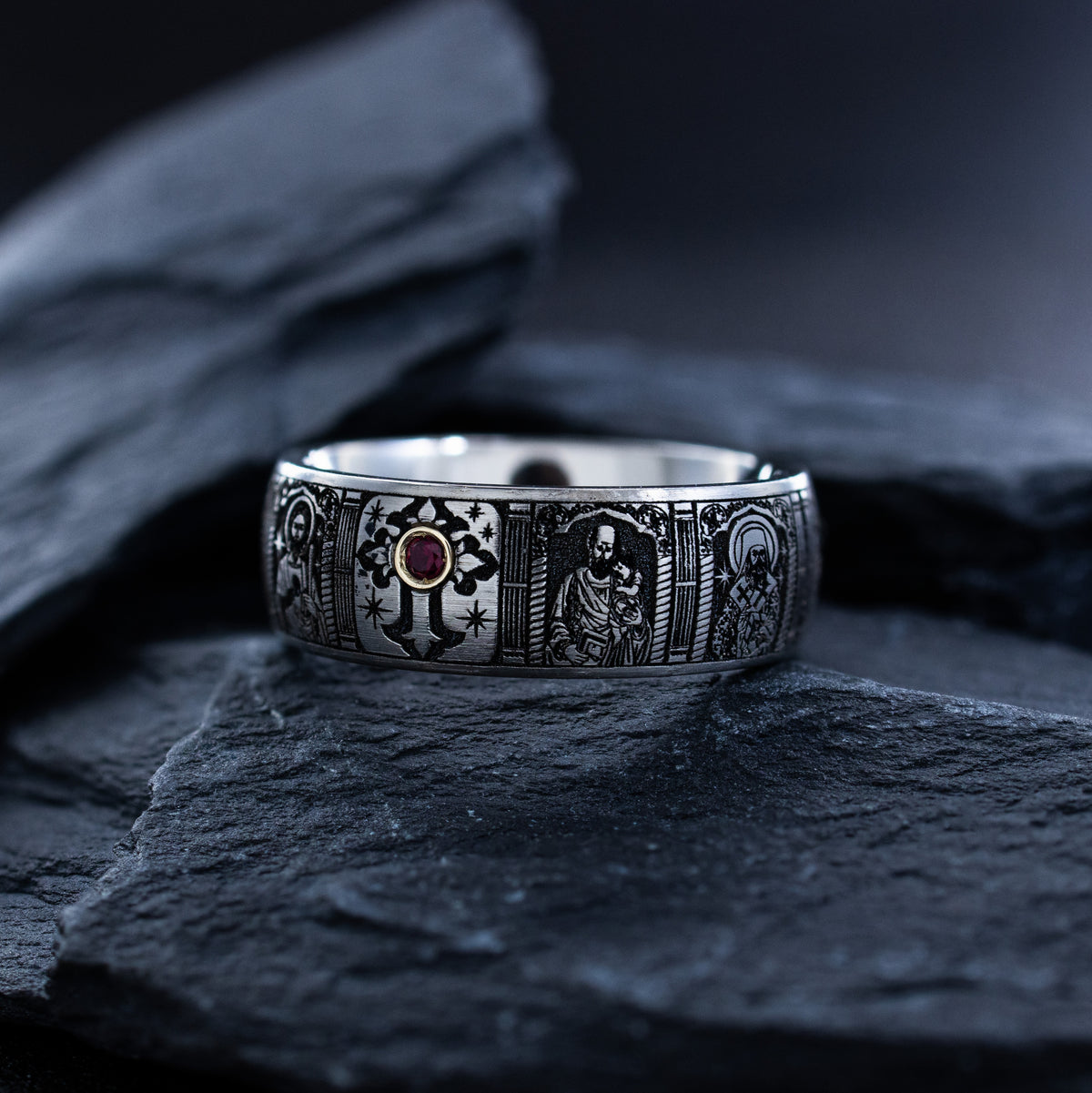 8mm Titanium Ring with Gemstone, Christian Cross, and Christian Saints