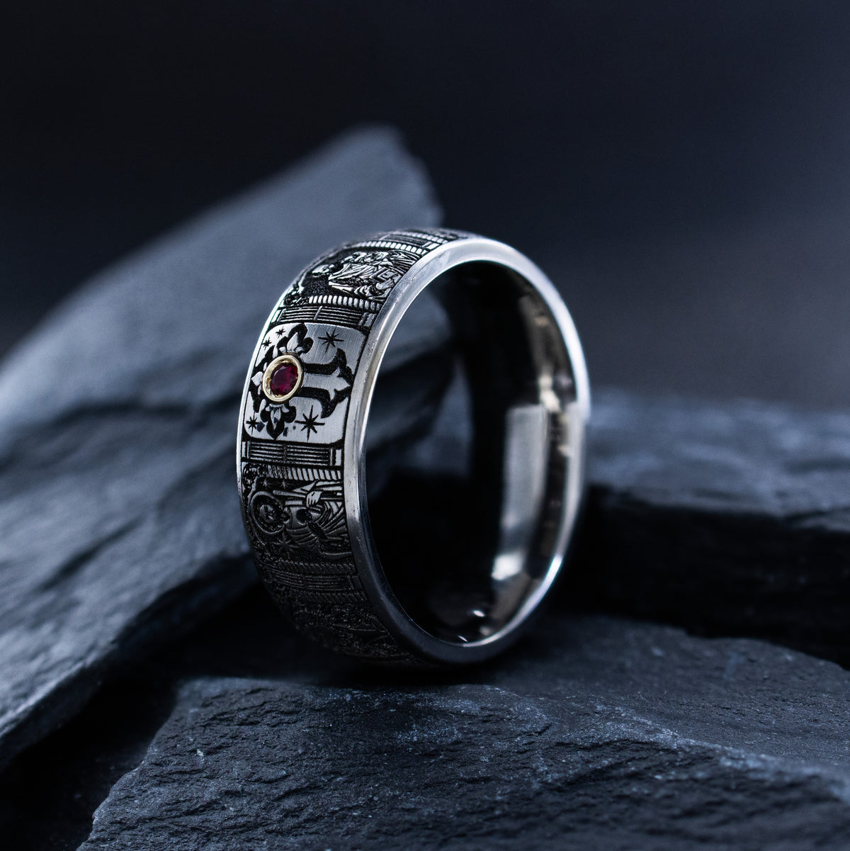 8mm Titanium Ring with Gemstone, Christian Cross, and Christian Saints
