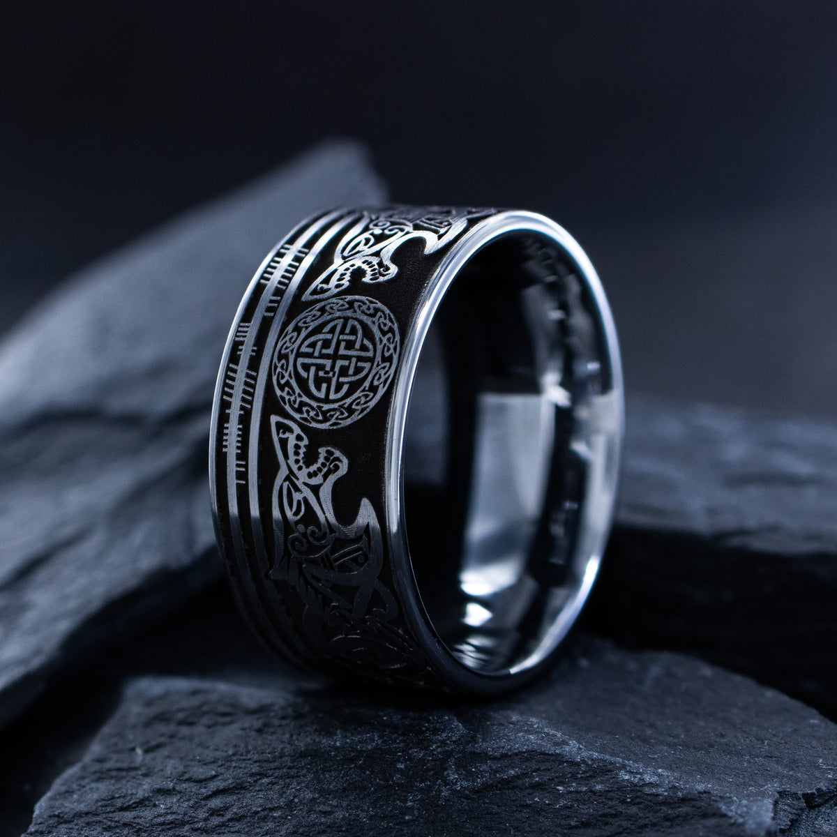 12mm Viking Norse Tungsten Band with Wolf Heads and Runes