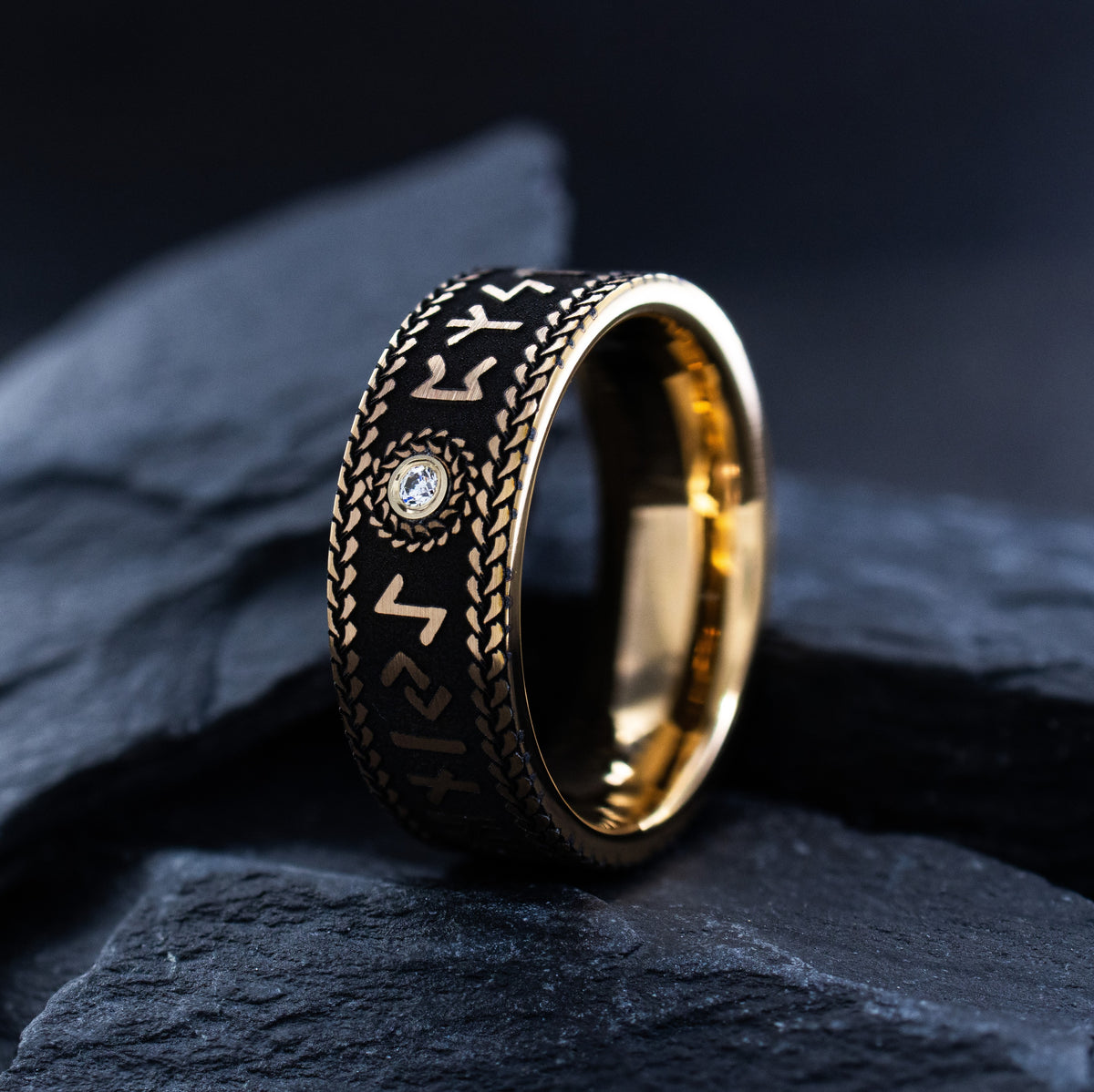 Norse Viking Rune and Gemstone Ring, 8mm Rose Gold Plated Band
