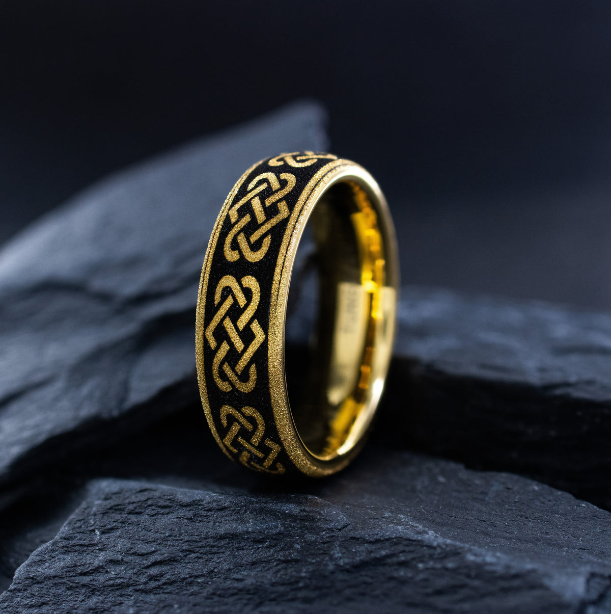 8mm Engraved Gold Plated Shiny Tungsten Ring with Celtic Knots