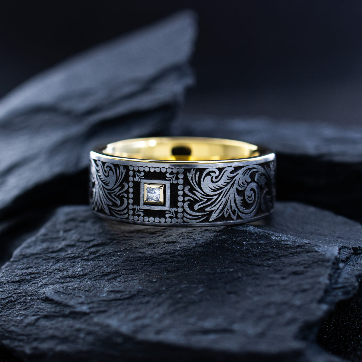 Victorian Floral 9mm Tungsten Carbide Ring with Gemstone