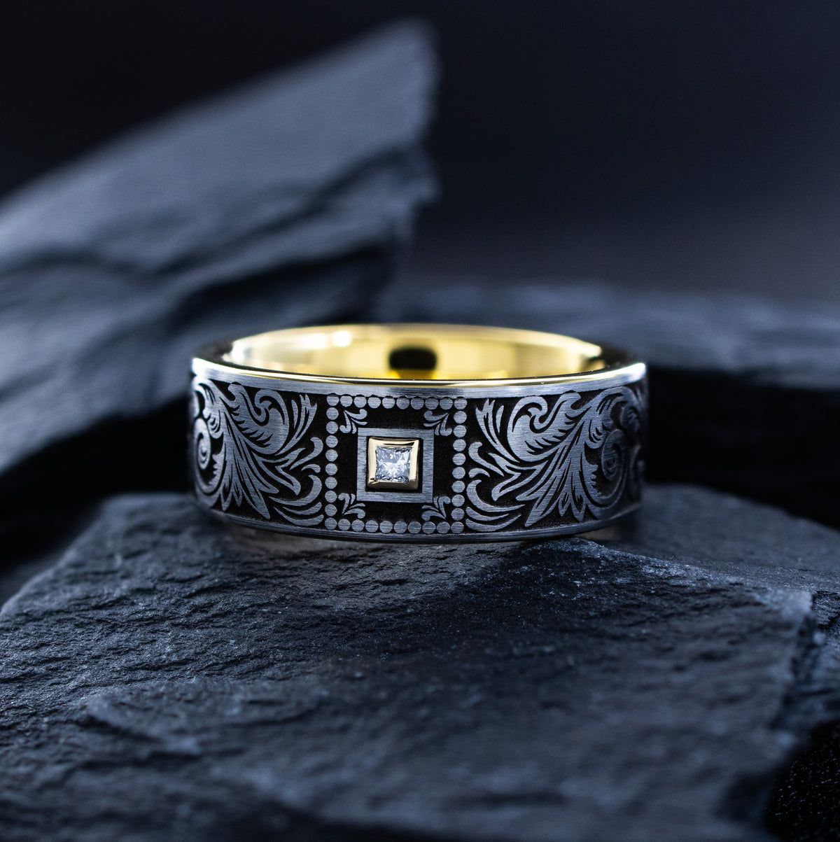Victorian Floral 9mm Tungsten Carbide Ring with Gemstone