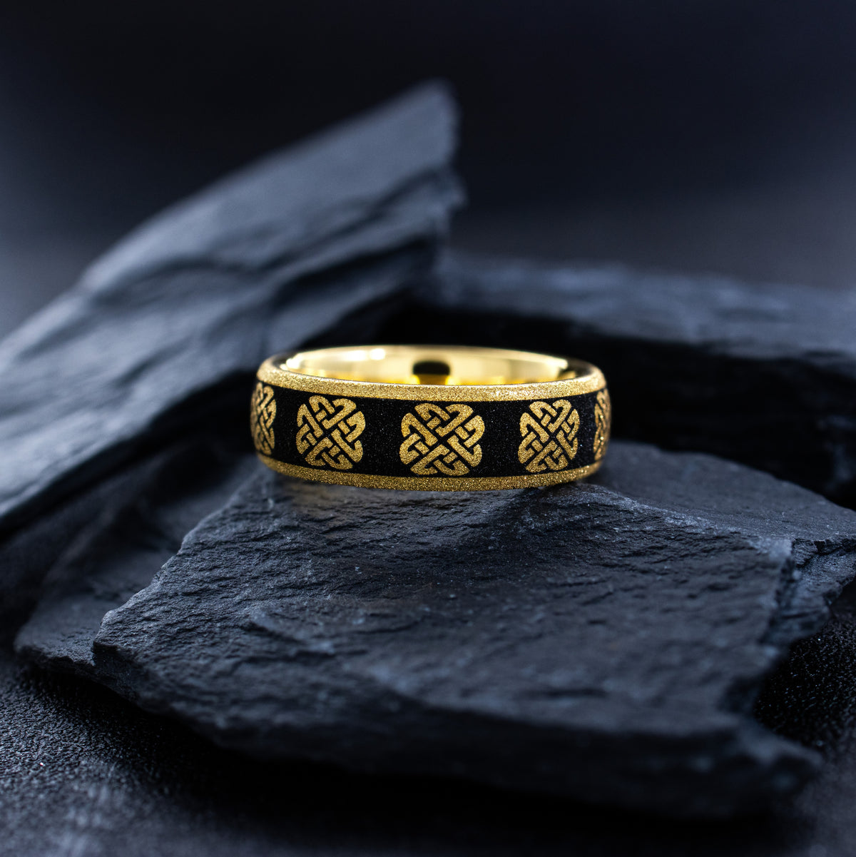 8mm Black and Gold Plated Tungsten Carbide Ring with Celtic Knots