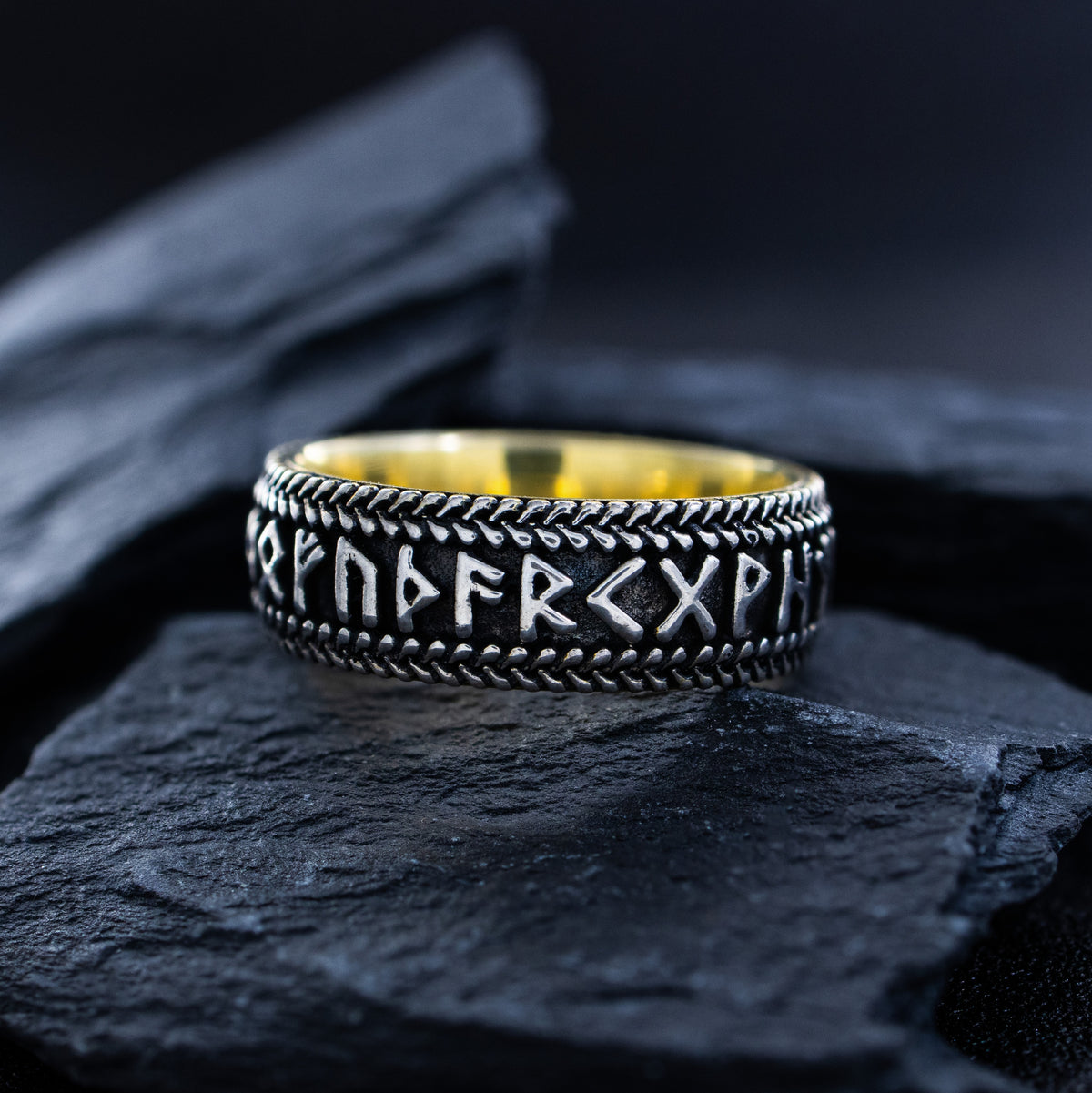 8mm Custom Made, Dome Shaped Silver Ring with Yellow Gold Plated Interior, and Personalized Runes