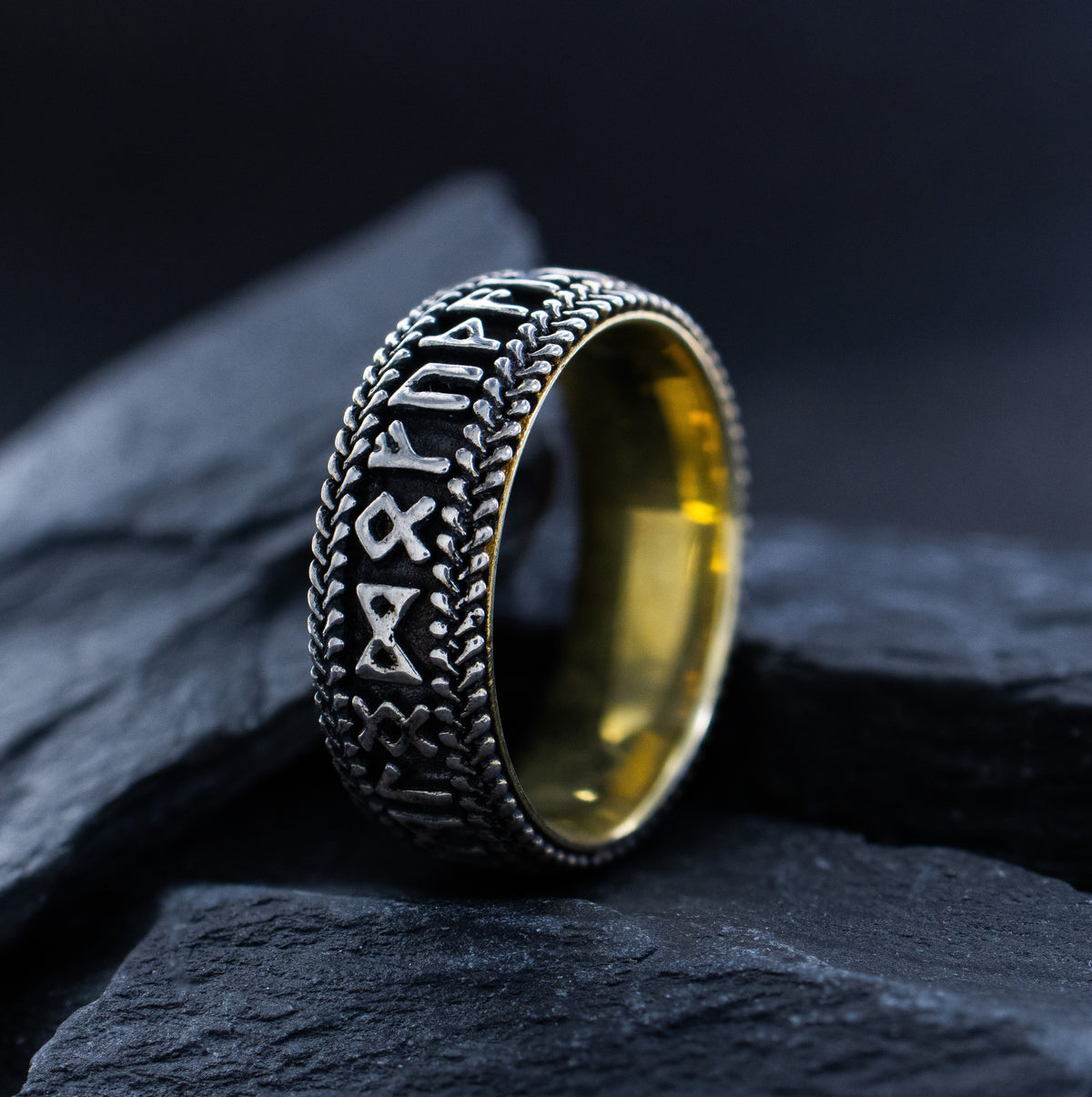 8mm Custom Made, Dome Shaped Silver Ring with Yellow Gold Plated Interior, and Personalized Runes