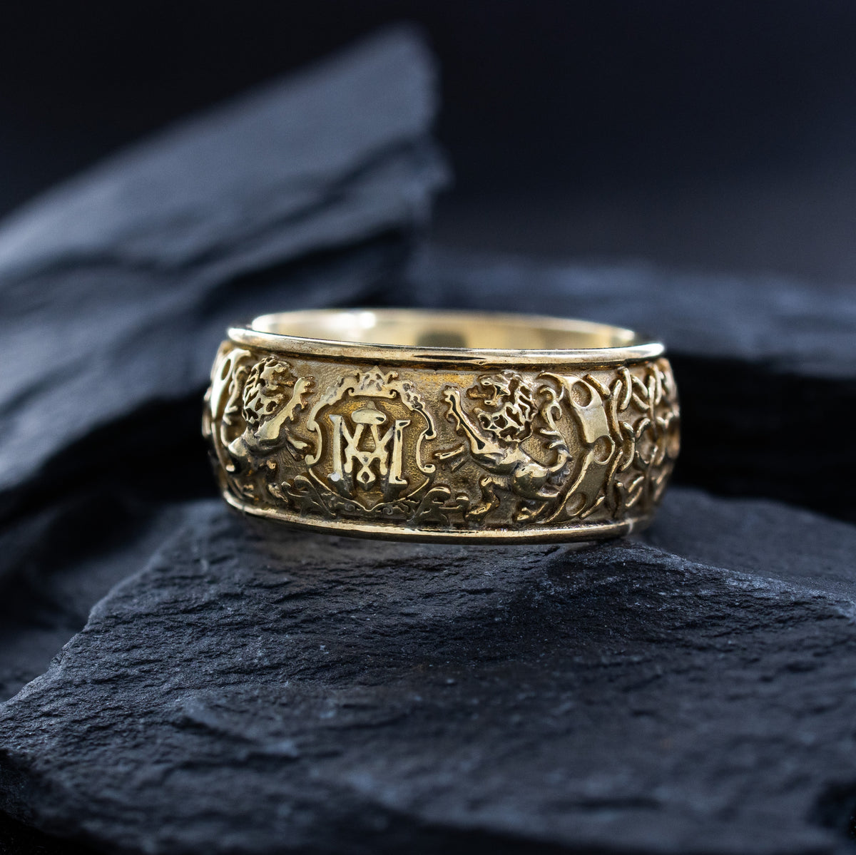 8mm Custom Made Dome Shaped Solid Gold Ring with Medieval Engravings, Monogram and 2 Lions