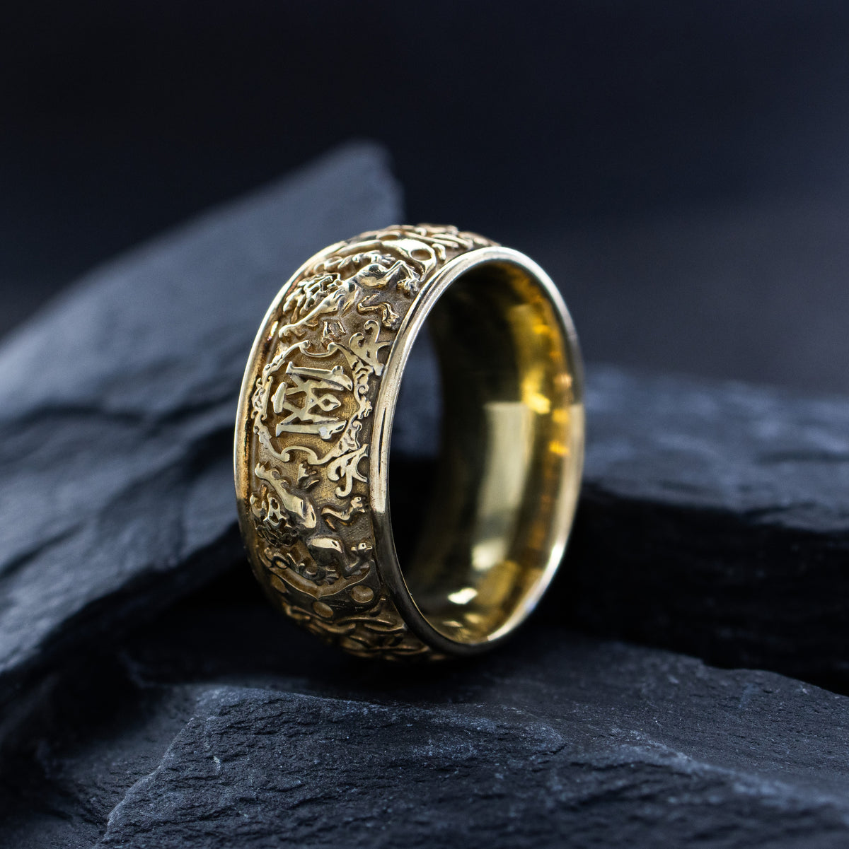 8mm Custom Made Dome Shaped Solid Gold Ring with Medieval Engravings, Monogram and 2 Lions