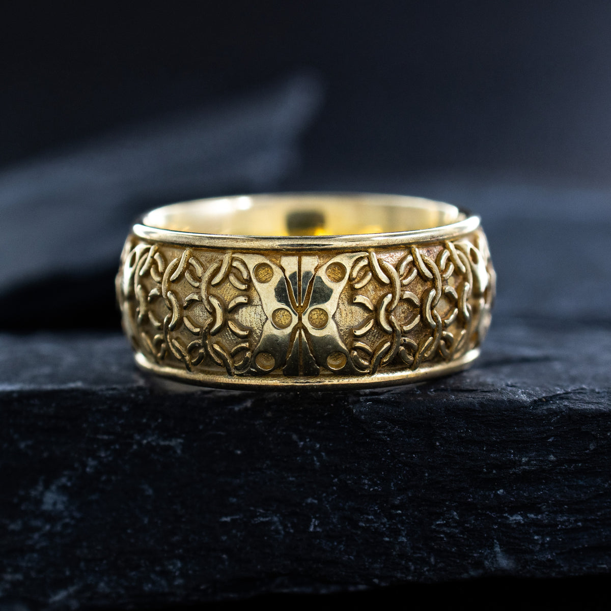8mm Custom Made Dome Shaped Solid Gold Ring with Medieval Engravings, Monogram and 2 Lions