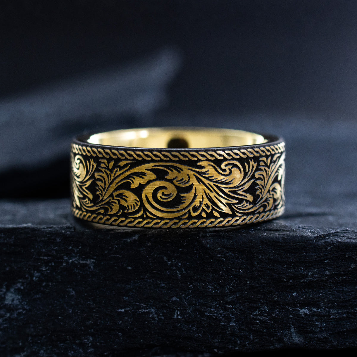 Victorian Floral 8mm Tungsten Carbide Ring with Yellow Gold Plating