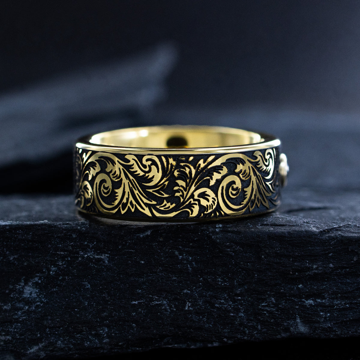 8mm Yellow Gold Plated Tungsten with Victorian Inspired Engravings and Round Cut Birthstone