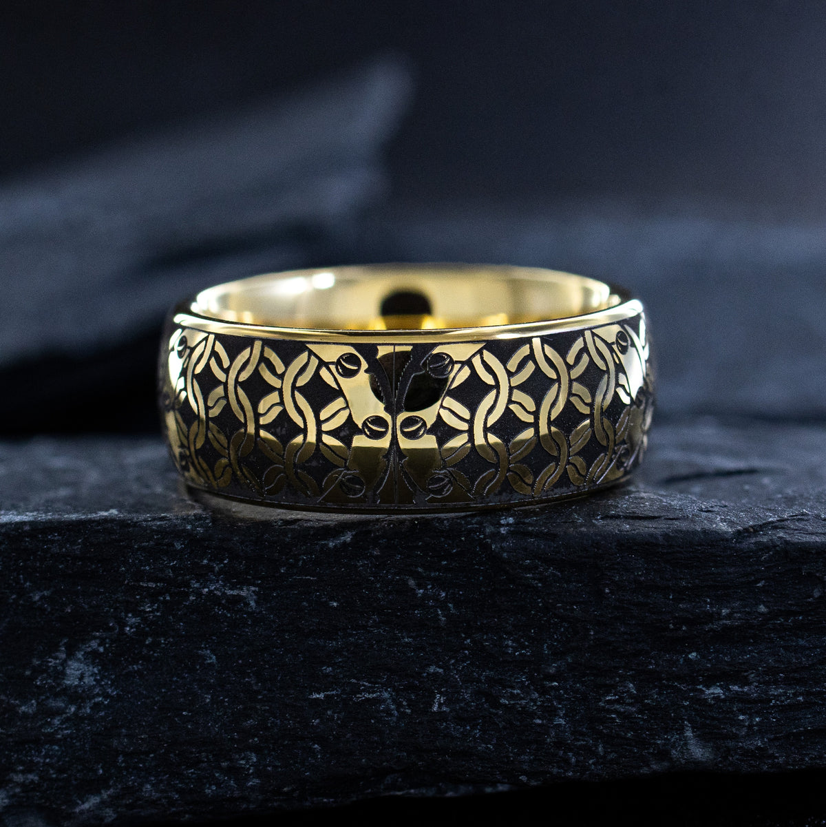 Personalized Monogram Ring with Heraldic Griffins, 9mm Gold Plated Tungsten Carbide Band