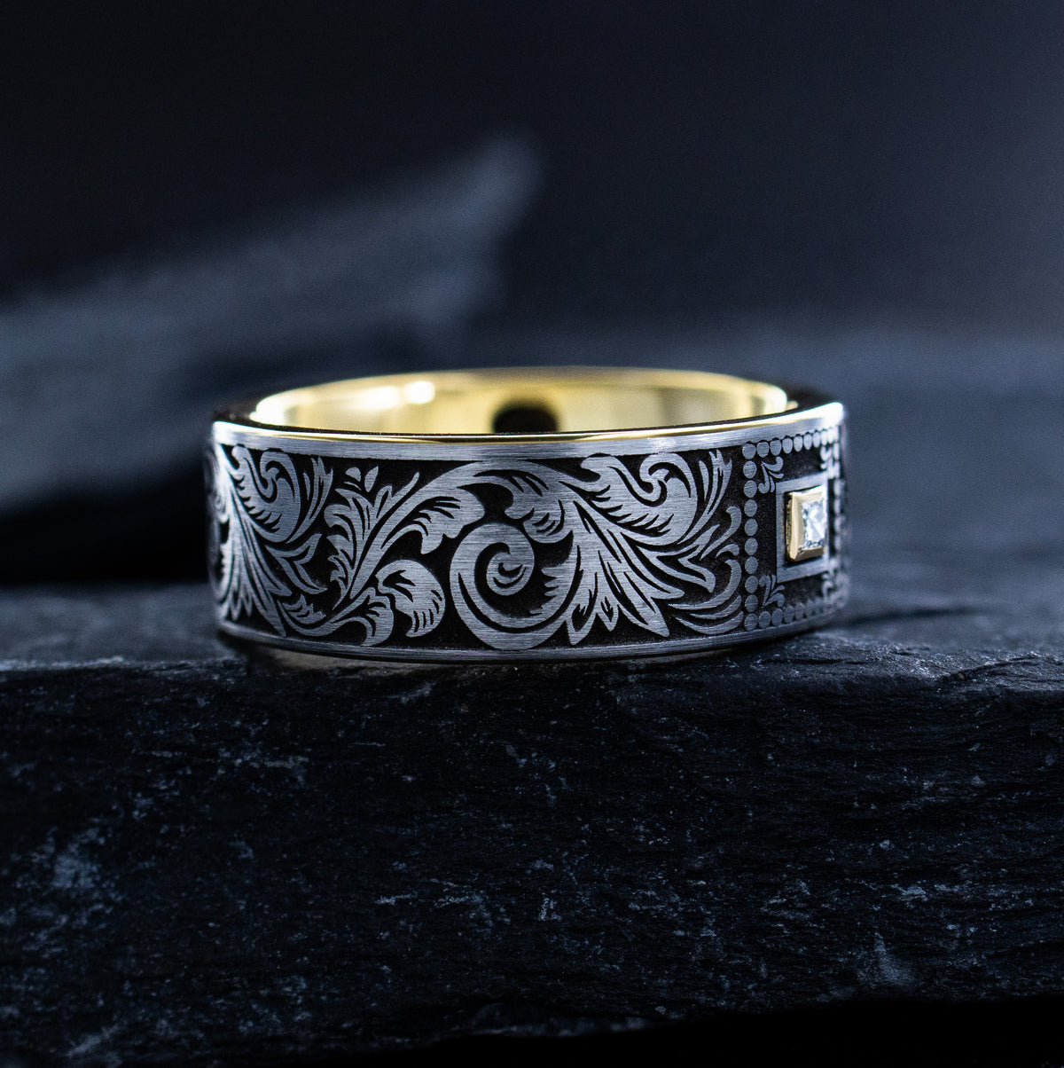 Victorian Floral 9mm Tungsten Carbide Ring with Gemstone
