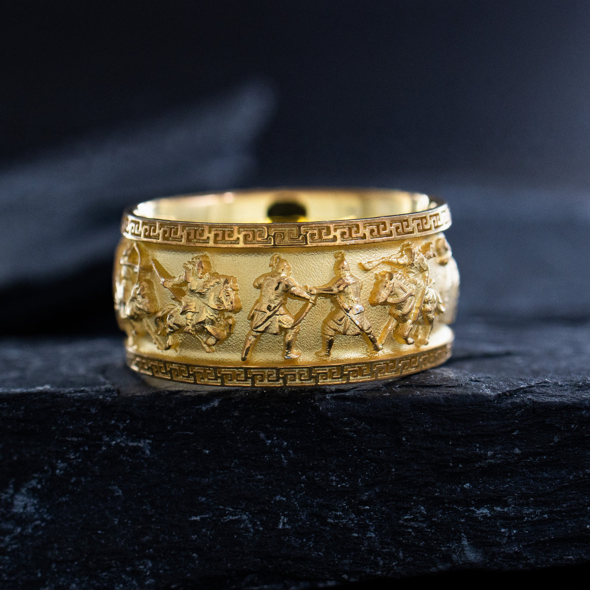 10mm Custom Made, Dome Shaped, 14k Solid Yellow Gold Ring with Mongol Warriors and Gemstone