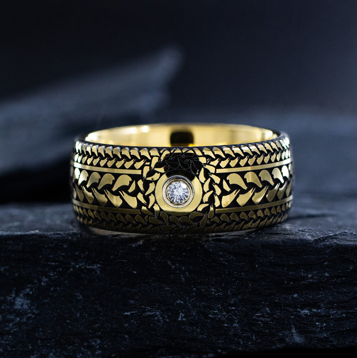 9mm Gold Tungsten Carbide Ring with Braids and Gemstone