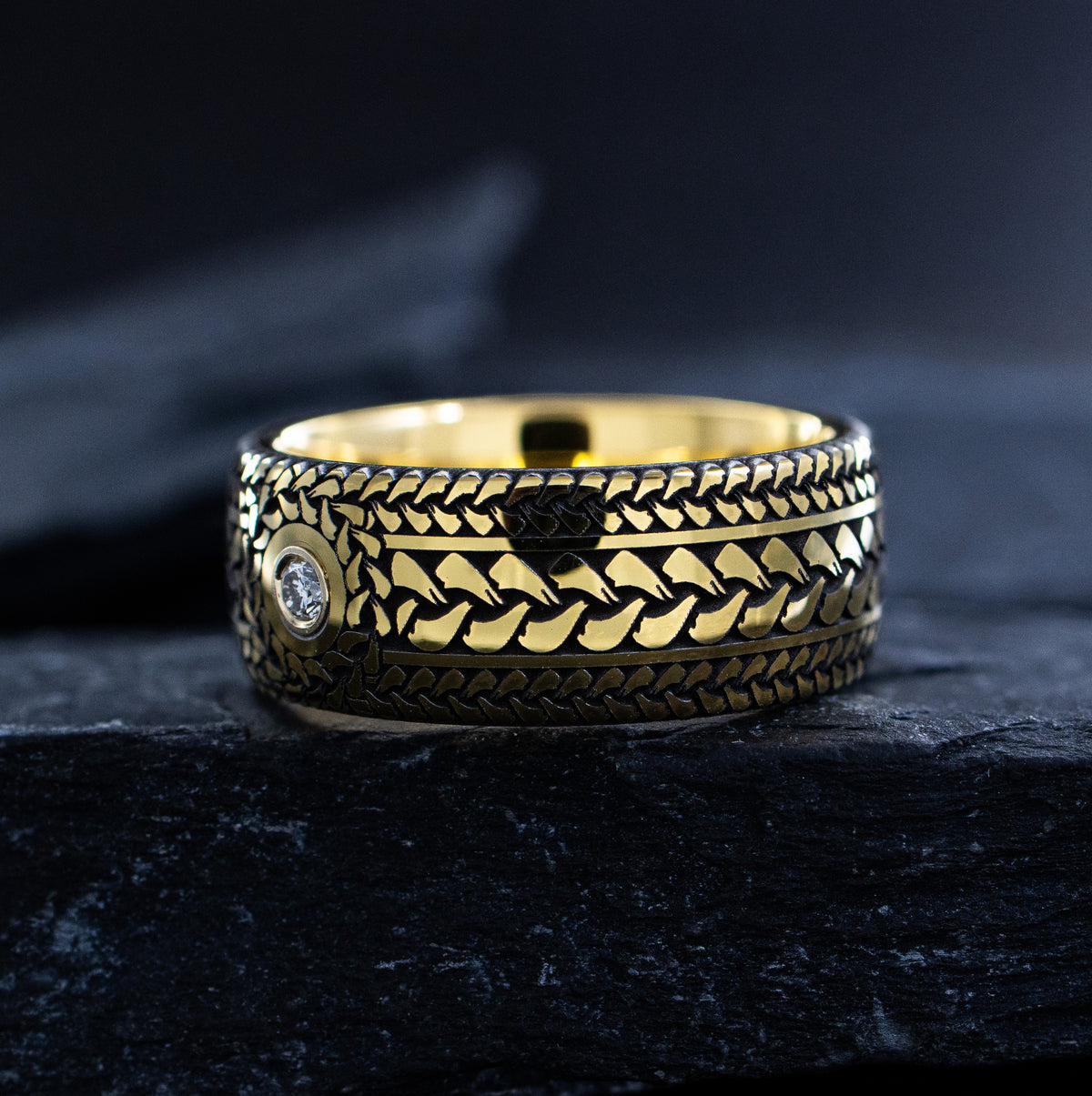 9mm Gold Tungsten Carbide Ring with Braids and Gemstone
