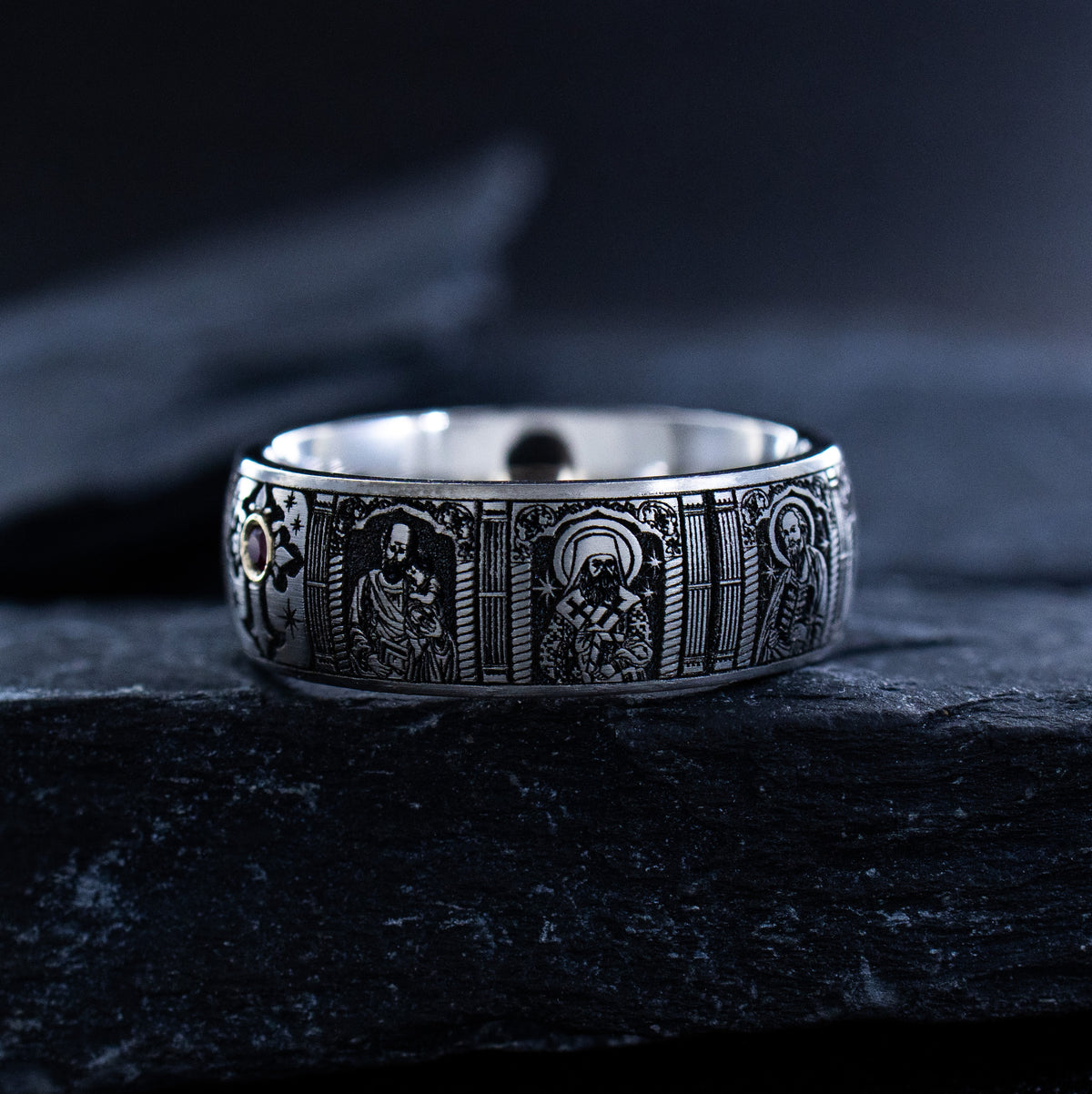 8mm Titanium Ring with Gemstone, Christian Cross, and Christian Saints
