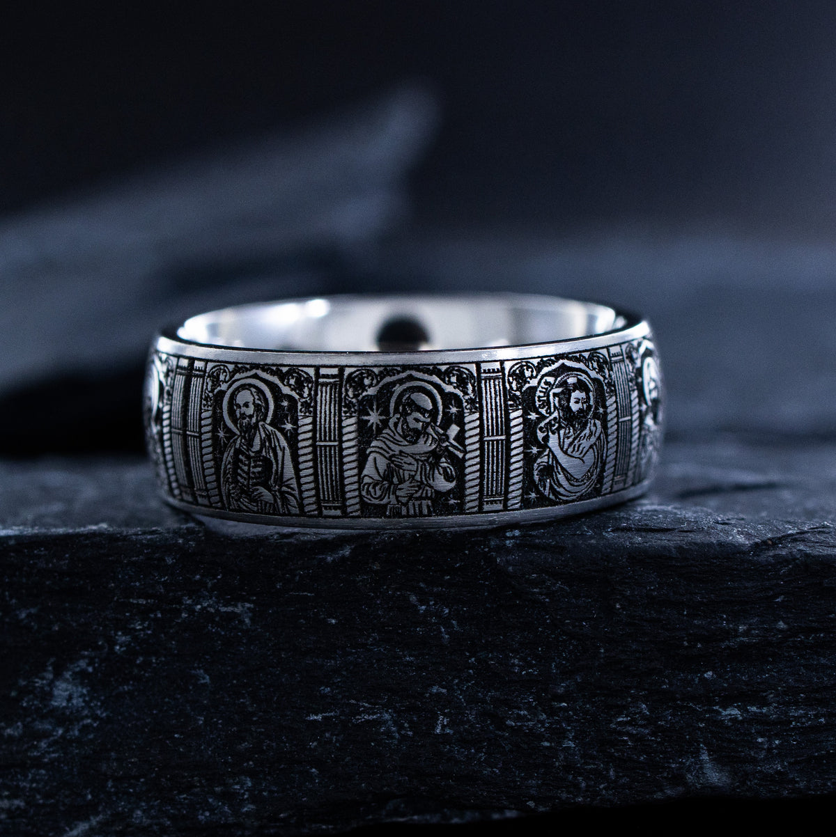8mm Titanium Ring with Gemstone, Christian Cross, and Christian Saints