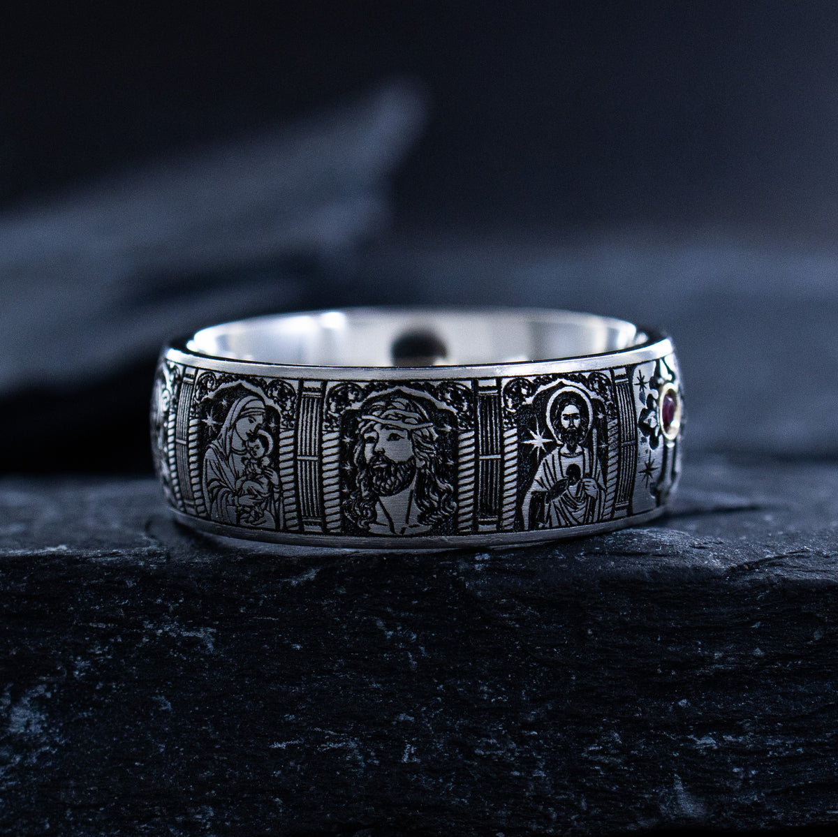 8mm Titanium Ring with Gemstone, Christian Cross, and Christian Saints
