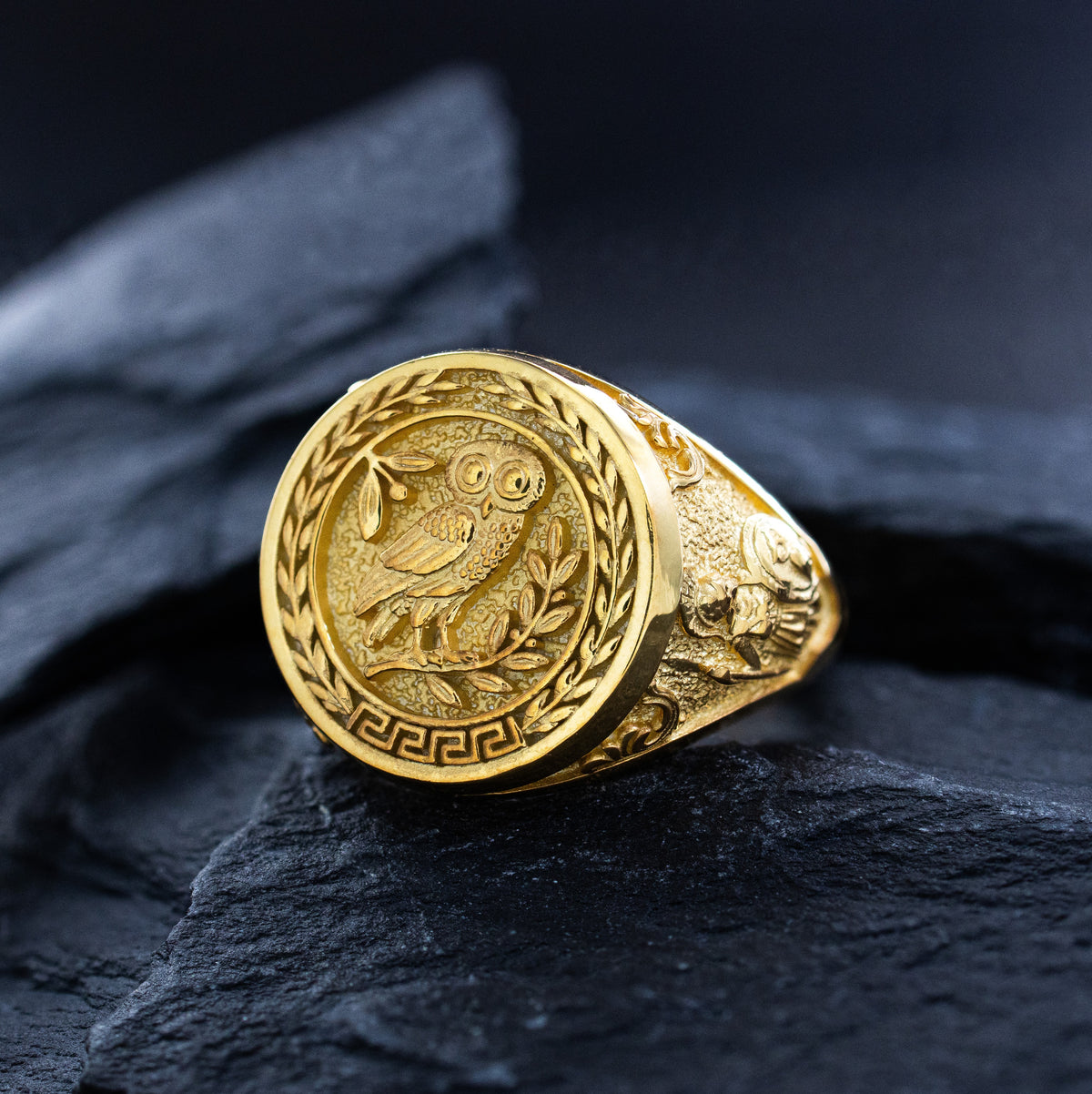 Solid 14k Yellow Gold Signet Ring with Owl of Athena