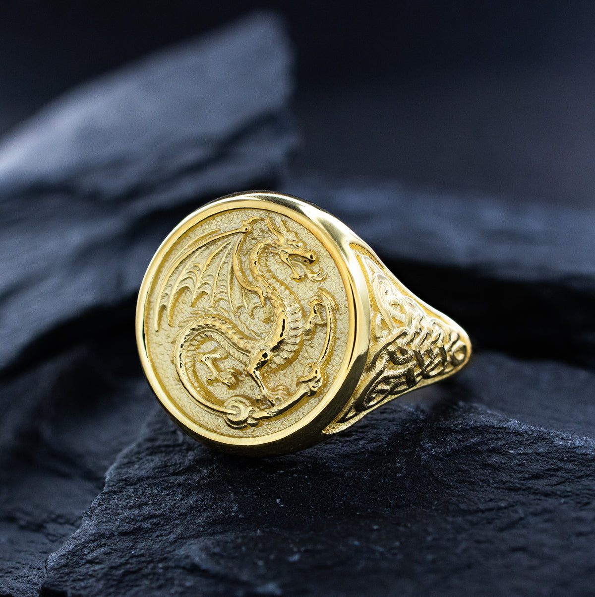 Solid 14k Yellow Gold Signet Ring with Celtic Dragon and Knotwork
