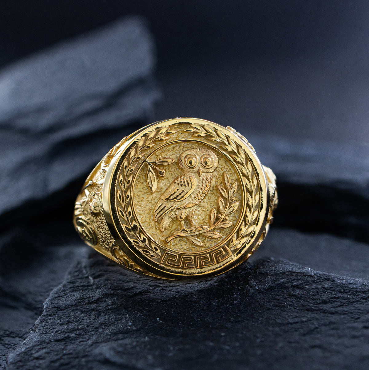 Solid 14k Yellow Gold Signet Ring with Owl of Athena