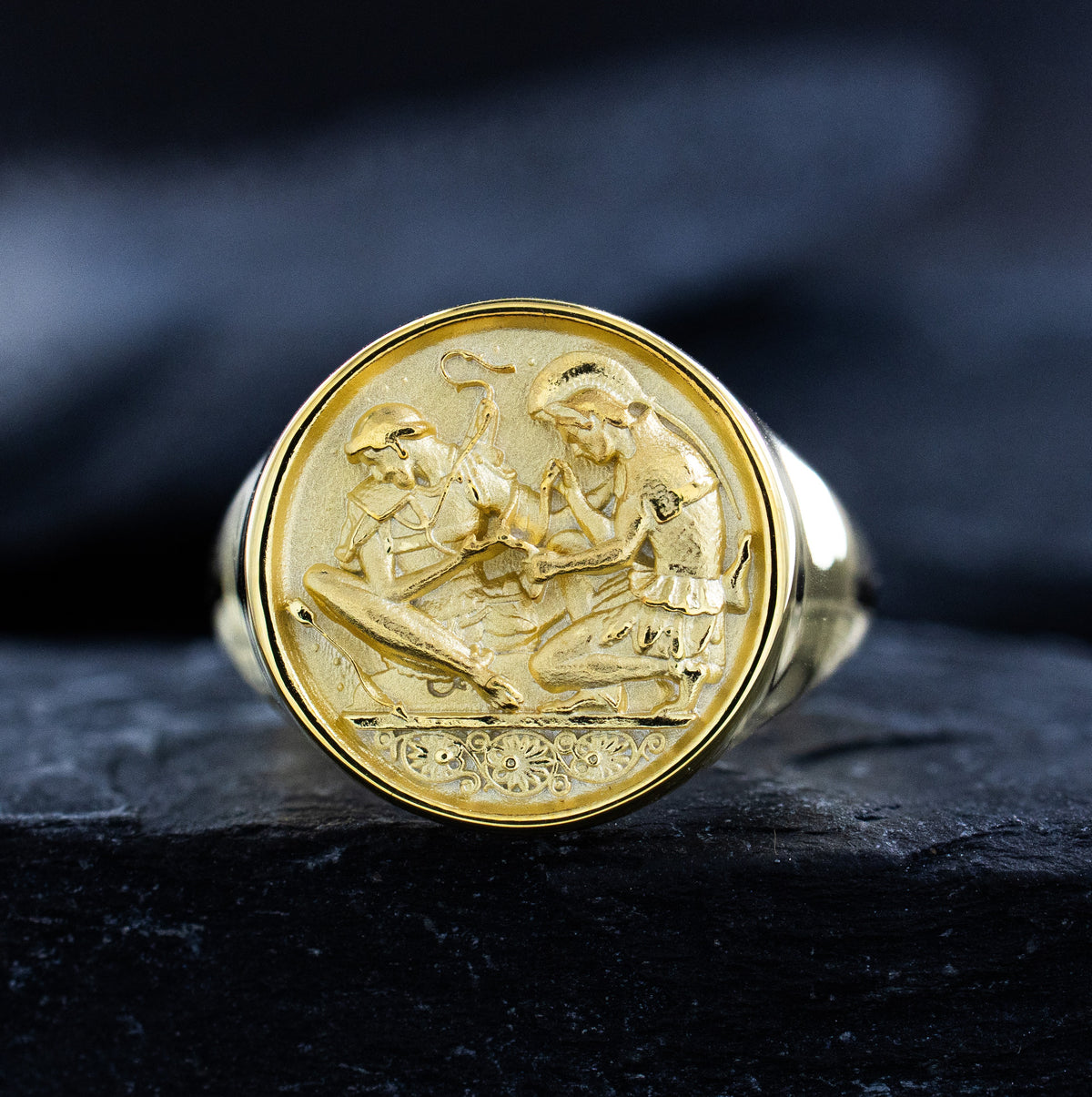 Solid 14k Yellow Gold Signet Ring with Achilles and Patroclus