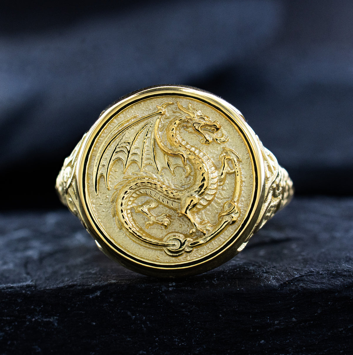 Solid 14k Yellow Gold Signet Ring with Celtic Dragon and Knotwork