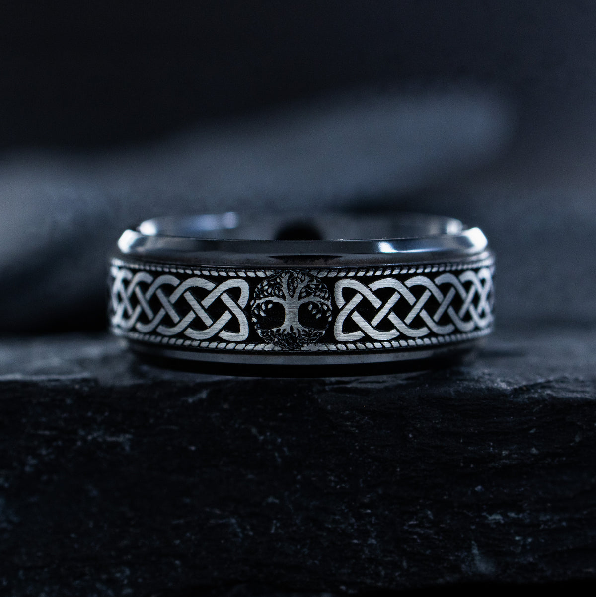 8mm Black Zirconium Band with Tree of Life and Celtic Knots