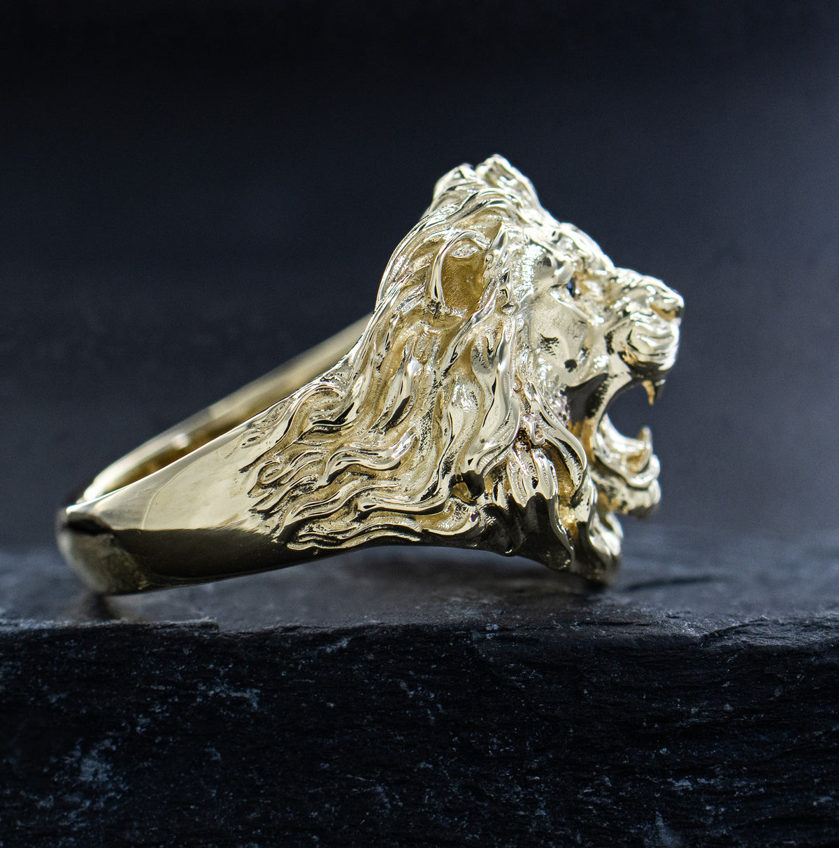 Solid Yellow Gold Fierce Lion Head Ring with Gemstones