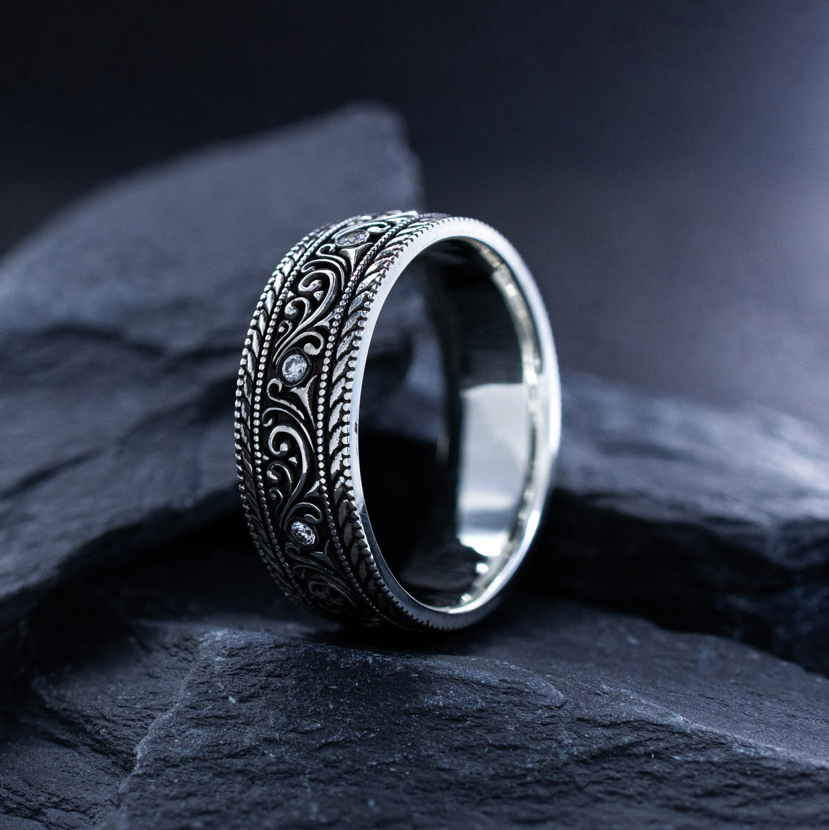 8mm Sterling Silver Band with Floral Pattern and Gemstones