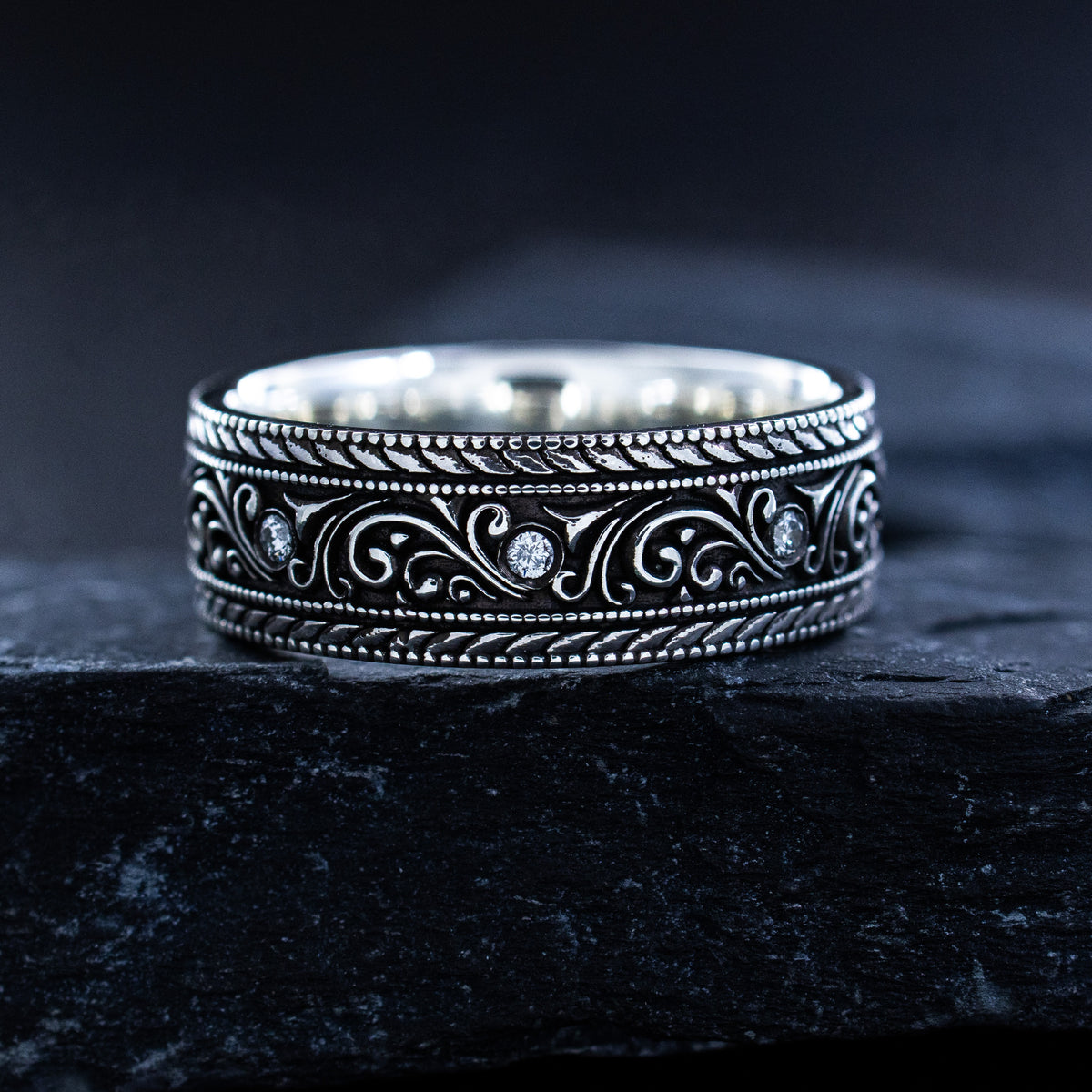 8mm Sterling Silver Band with Floral Pattern and Gemstones