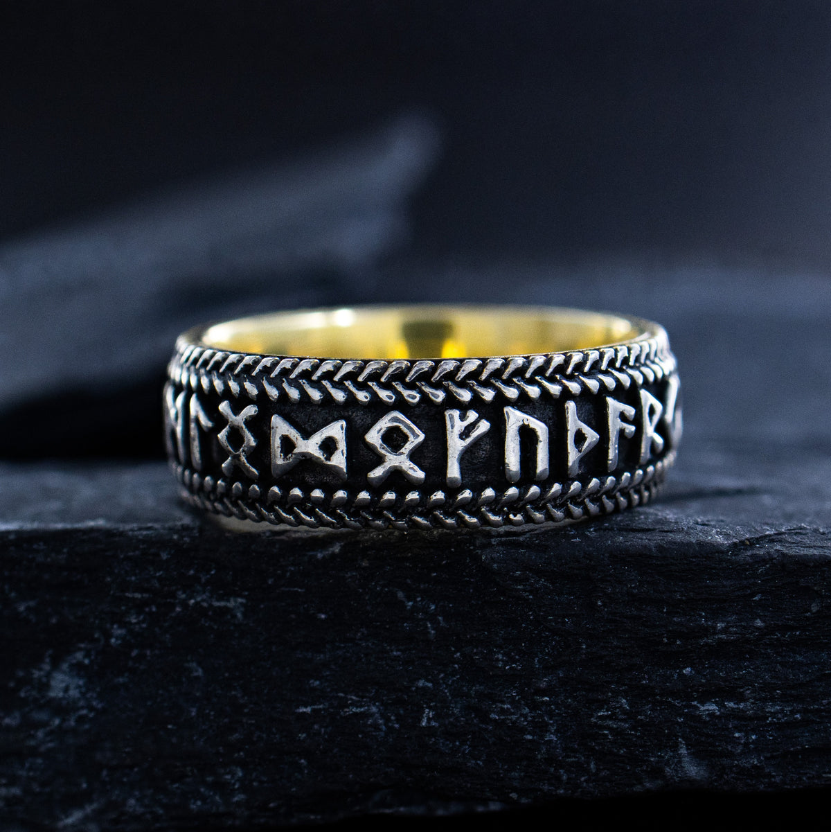 8mm Custom Made, Dome Shaped Silver Ring with Yellow Gold Plated Interior, and Personalized Runes