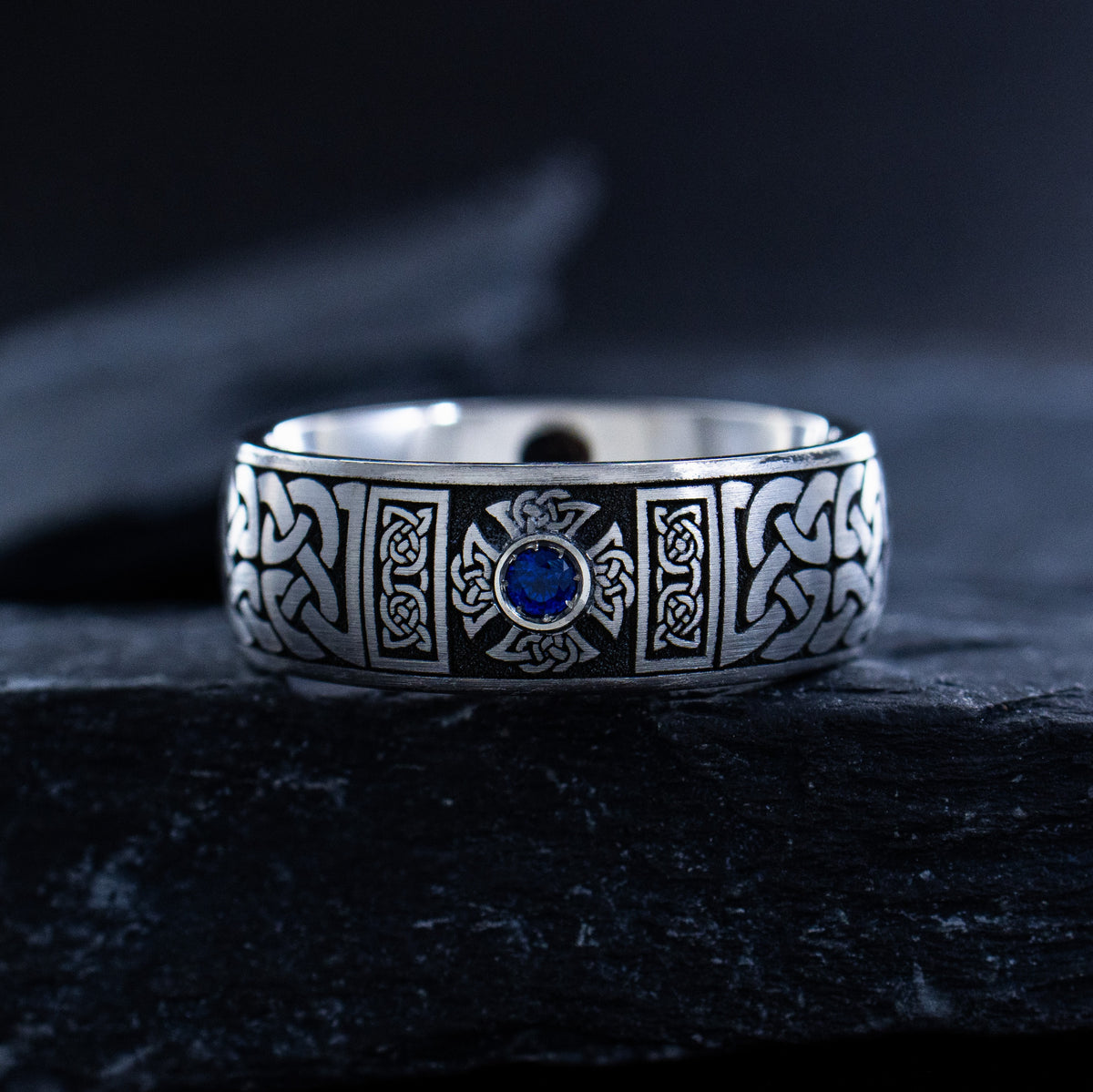 8mm Deep Engraved Titanium Band with Celtic Knots, Celtic Cross, and Gemstone
