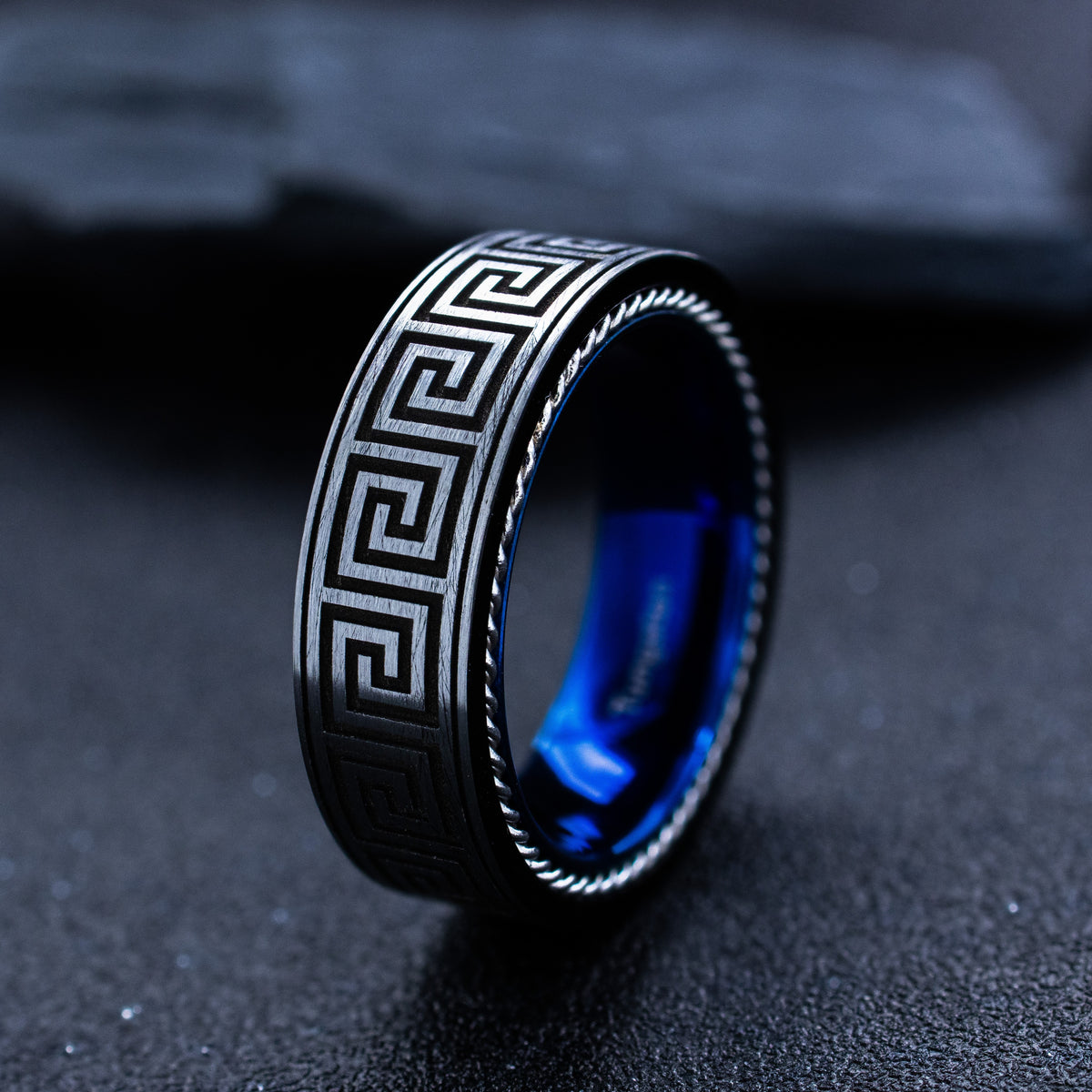 8mm Greek Key Blue Tungsten Carbide Ring with Braided Rope Edges