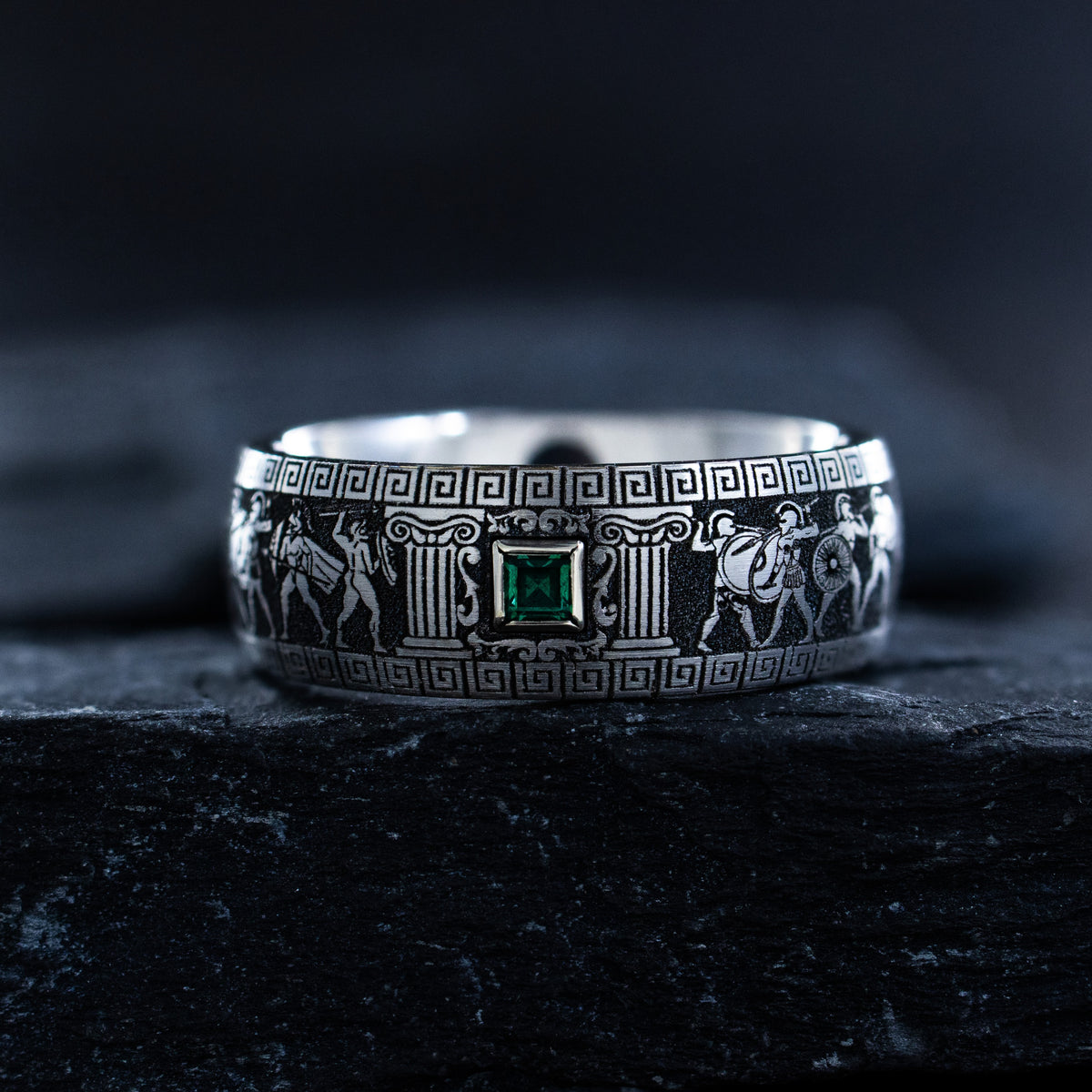 8mm Deep Engraved Titanium Band with Greek Warriors and Gemstone