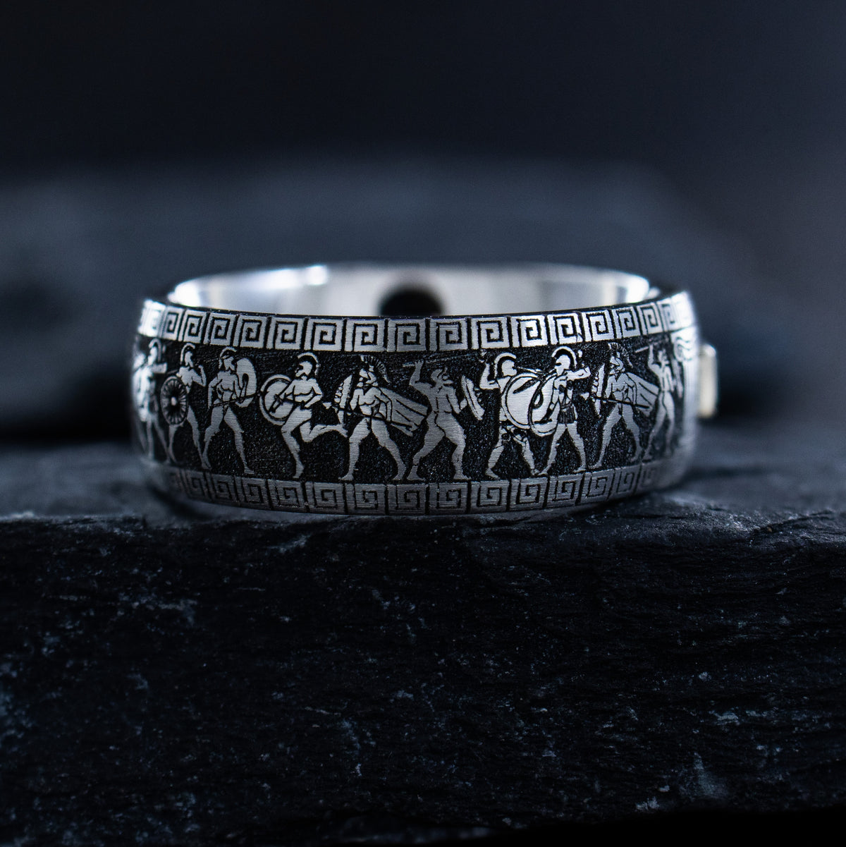 8mm Deep Engraved Titanium Band with Greek Warriors and Gemstone