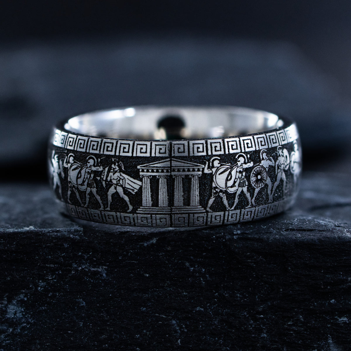 8mm Deep Engraved Titanium Band with Greek Warriors and Gemstone