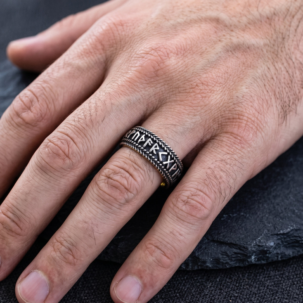 8mm Custom Made, Dome Shaped Silver Ring with Yellow Gold Plated Interior, and Personalized Runes