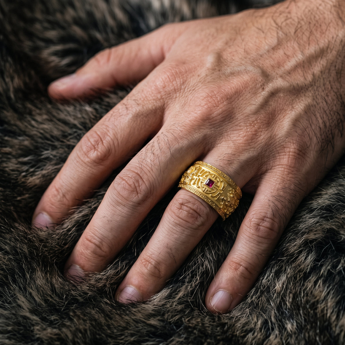 10mm Custom Made, Dome Shaped, 14k Solid Yellow Gold Ring with Mongol Warriors and Gemstone