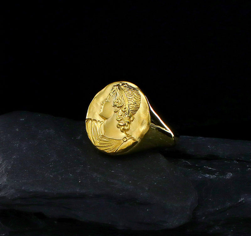 Solid 14k Yellow Gold Signet Ring with Hellenic Greek Side Profile