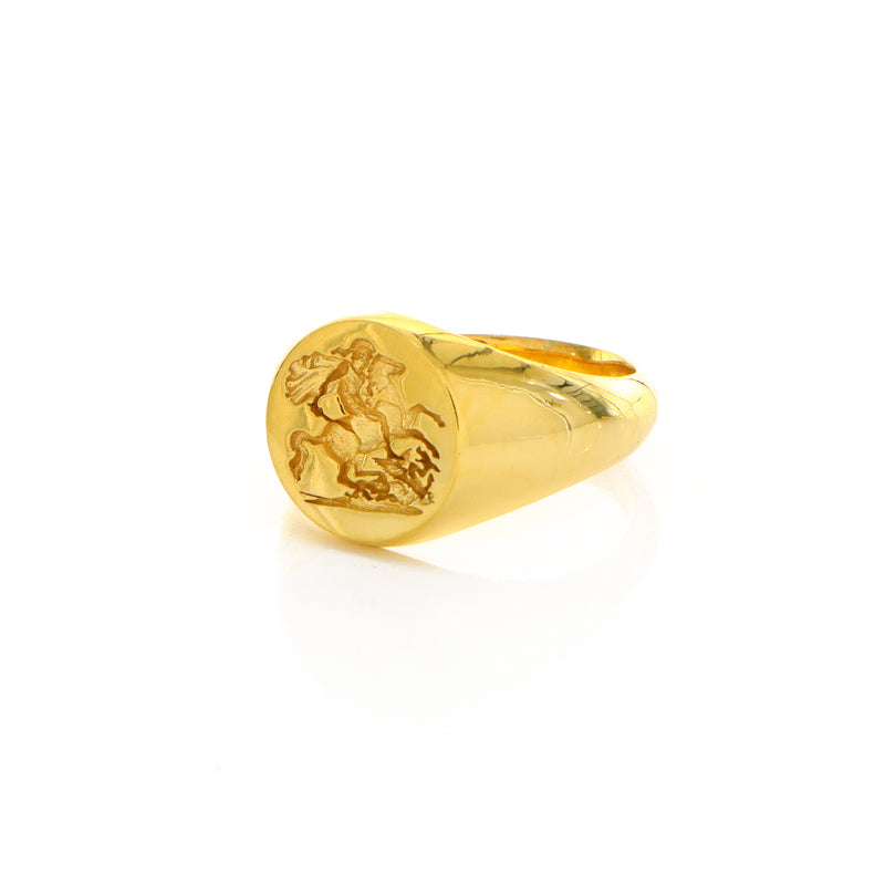 St George the Dragon Slayer, Wax Seal Signet Ring, 14k Solid Yellow Gold Ring with St George Slaying the Dragon