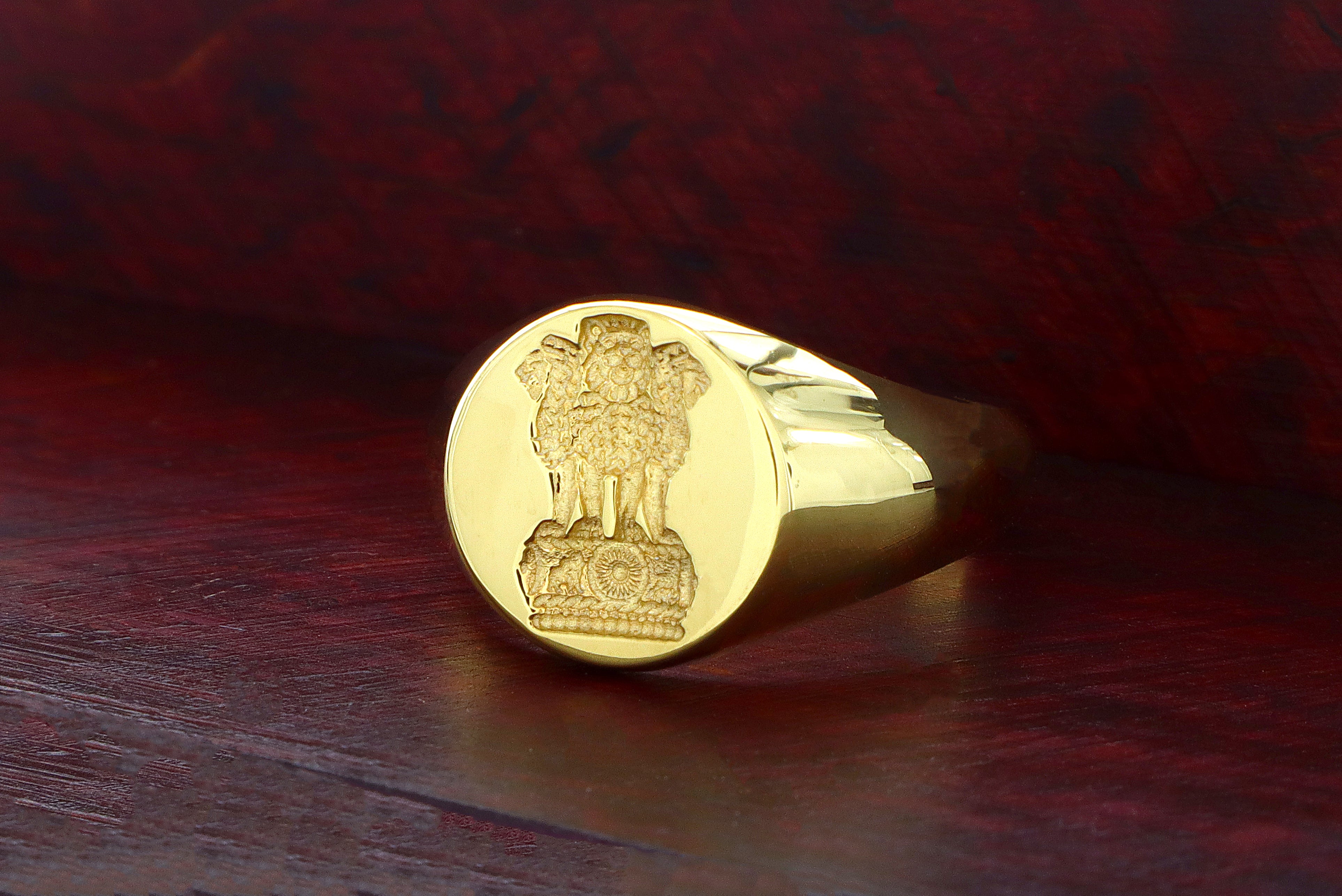 Indian Lion of Ashoka Wax Seal Signet Ring, 14k Solid Yellow Gold Ring with Lion of Ashoka