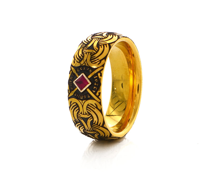 8mm Custom Made Dome Shaped Tungsten Ring with Norse Viking Style Engravings and Square Shaped Ruby