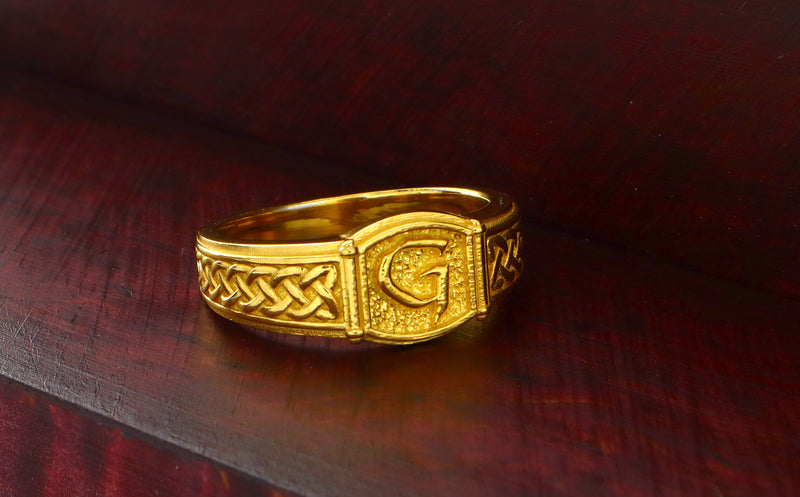 Norse Style Initial, 14k Solid Yellow Gold Signet Ring
