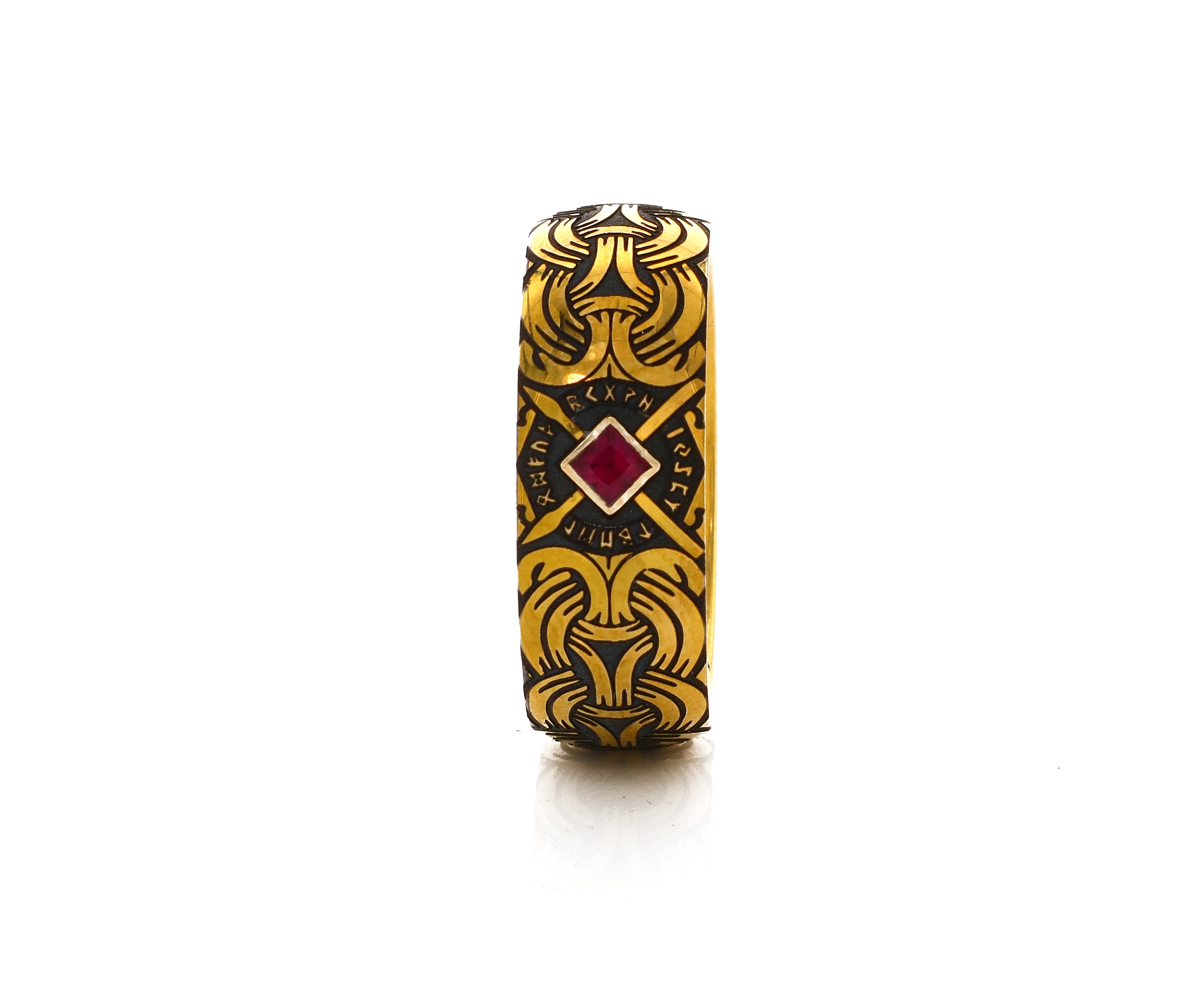 8mm Custom Made Dome Shaped Tungsten Ring with Norse Viking Style Engravings and Square Shaped Ruby