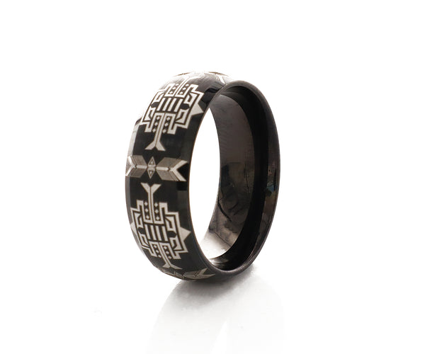 8mm Black Plated Tungsten Ring with Native American Tribal Engravings